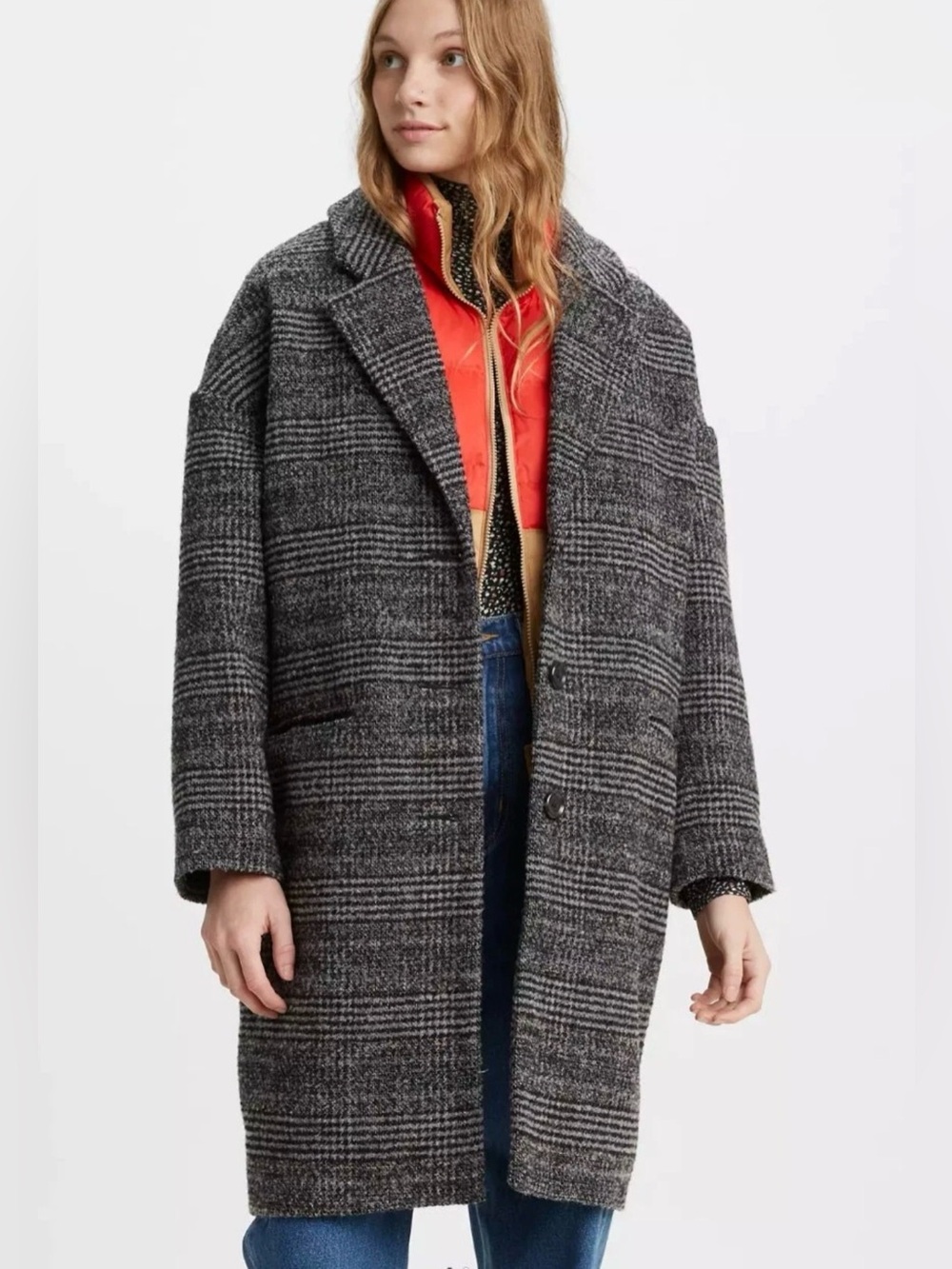 NEW Levi's Wool Cocoon Coat Jacket Houndstooth Plaid Oversized Slouchy Sz Large